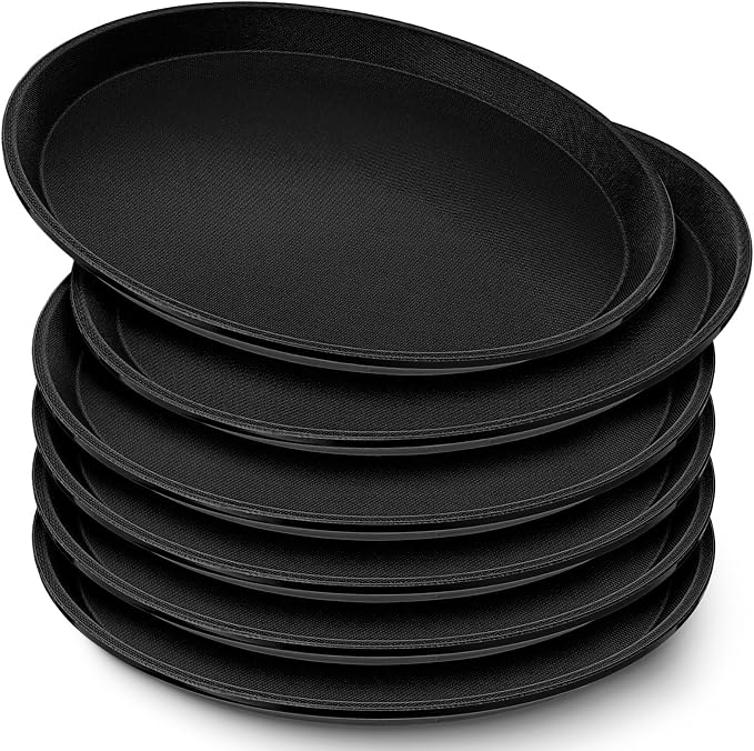 Zopeal 6 Pcs Bar Service Tray Round Plastic Non Slip,11" | For Waiter Server in Restaurant Cafeteria Bar, Raised Edges Prevent Spills, Cocktail Food Server, Textured Surface Grip