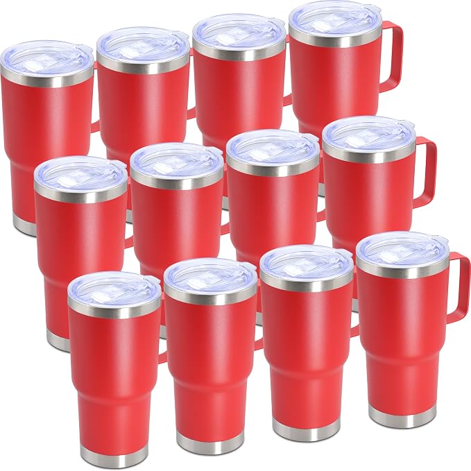 20 oz Tumbler with Handle Coffee Tumblers with Lid Travel Mug Red 12P | 20oz Tumblers with Handle Double-Wall Insulated Vacuum Coffee Mugs Stainless Steel Tumbler with Handles&Lid Red 12P