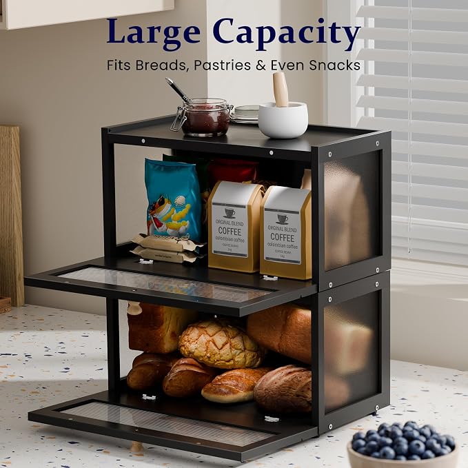 Stackable Bread Box for Kitchen Countertop, 2 Tier Bamboo Bread Storage Container Holder Bin for Baked Goods Snacks Farmhouse Breadbox with Acrylic Window for Pantry Cabinet Cupboard, Black
