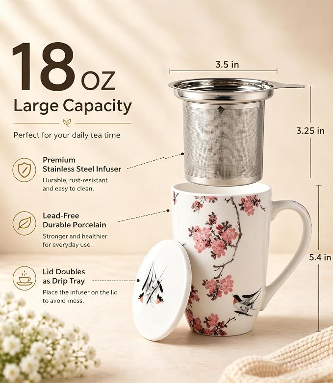 AmorArc Tea Cup With Infuser and Lid, 18oz Loose Leaf Tea Mug With Steeper | Porcelain Tea Mug With Infuser and Lid, Strainer Tea Cup for Tea Lovers, Home & Office, Housewarming Birthday Gift