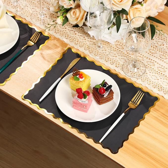 FoldTier 150 Pcs Disposable Paper Placemats Bulk 10"x14" Rectangle Place Mats with Scalloped Edges Dining Table Mat for Wedding Birthday Party Table Decoration(Black)