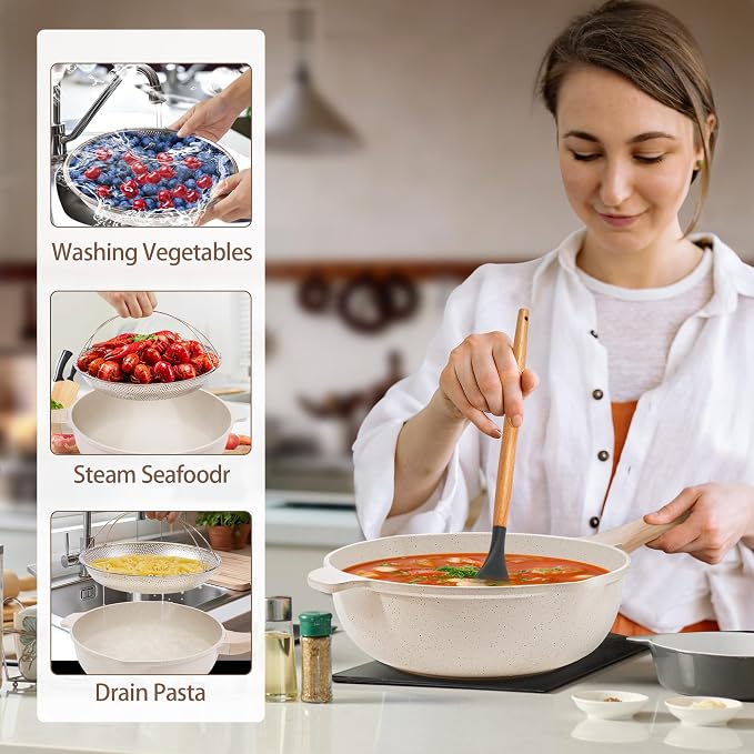 AOSION 11 Inch Nonstick Ceramic Deep Frying Pan with Lid & Steam Rack, 5QT Sauté Pan, Large Ceramic Skillet,Stay Cool Handle, Induction Compatible, PFOA & PFAS Free,white.