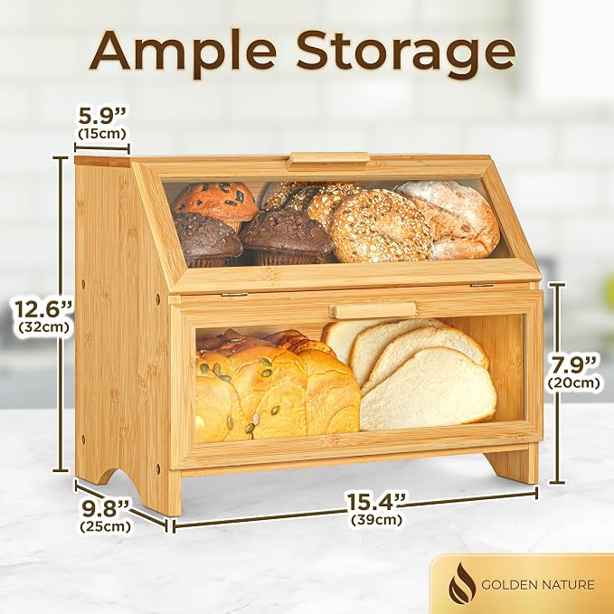 Double Layer Bamboo Bread Box for Kitchen Countertop, Large Wooden Storage Box W/Clear Display Windows, Food Keeper for Muffins, Bagels & Cookies | Golden Nature bread storage box with clear display windows, food keeper for muffins, bagels, cookies, an...