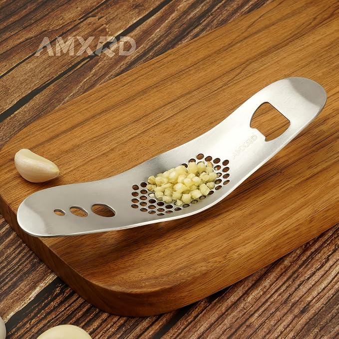Stainless Steel Garlic Press Rocker & Silicone Garlic Peeler | 3-in-1 Garlic Mincer Crusher Squeezer with Bottle Opener & Herb Stripper/Leaf Zipper, Versatile Kitchen Tool