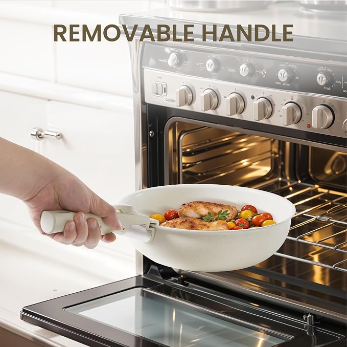Simple Deluxe 12 Pcs Cookware Set, Non-Stick Pots and Pans Set, with Black Granite Texture and Detachable Handles, Resistant to High Temperatures, Oven Safe, PFAS and PFOA Free, Beige