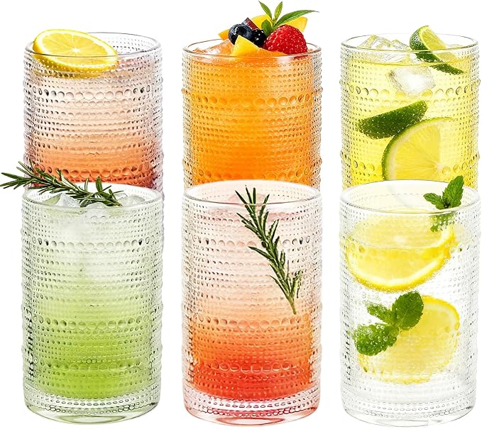 Vintage Hobnail Drinking Glasses Set of 6, 16 Oz Glass Cups with Embossed Retro Design, Clear Glass Tumblers Water Glasses for Kitchen, Cocktail, Beer, Juice, Whiskey, Milk and Everyday Drinks