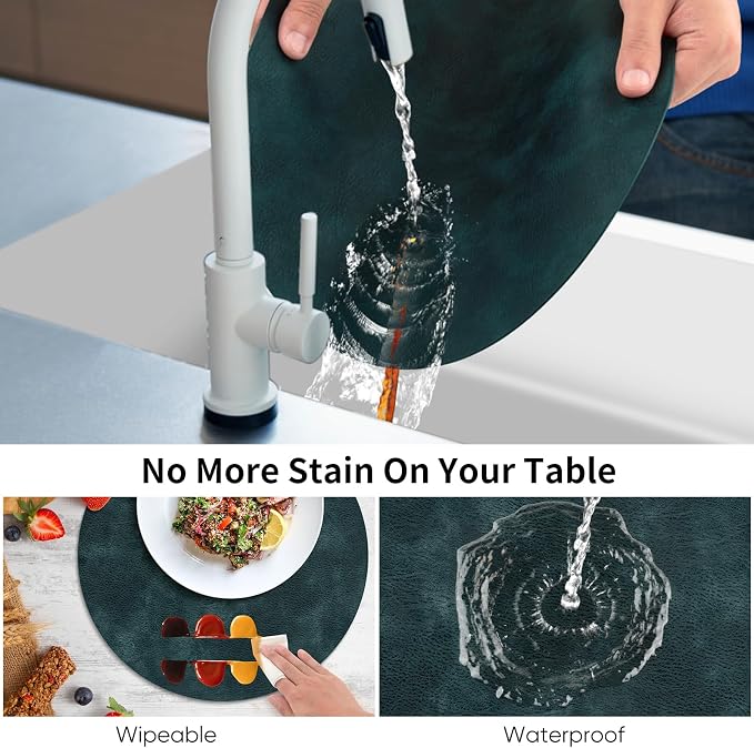 ADRIMER Placemats, Heat Resistant Round Placemats Set of 4 Washable, Waterproof Table Mats, Wipeable Faux Leather Place Mats for Kitchen, Dining Room, Dark Blue
