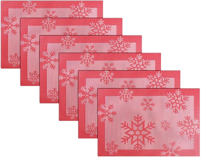 PIGCHCY Christmas Placemats Snowflake Woven Heat Resistant Placemats Washable Easy to Clean Table Mats for Dining Room and Decor(Set of 6, Red)
