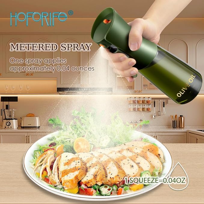 Glass Olive Oil Sprayer for Cooking 7.6 oz (Olive Green Bottle) | Oil Mister, Kitchen Refillable Continuous Oil Spray Bottle for Air Fryer, Portion Control, Leak Proof