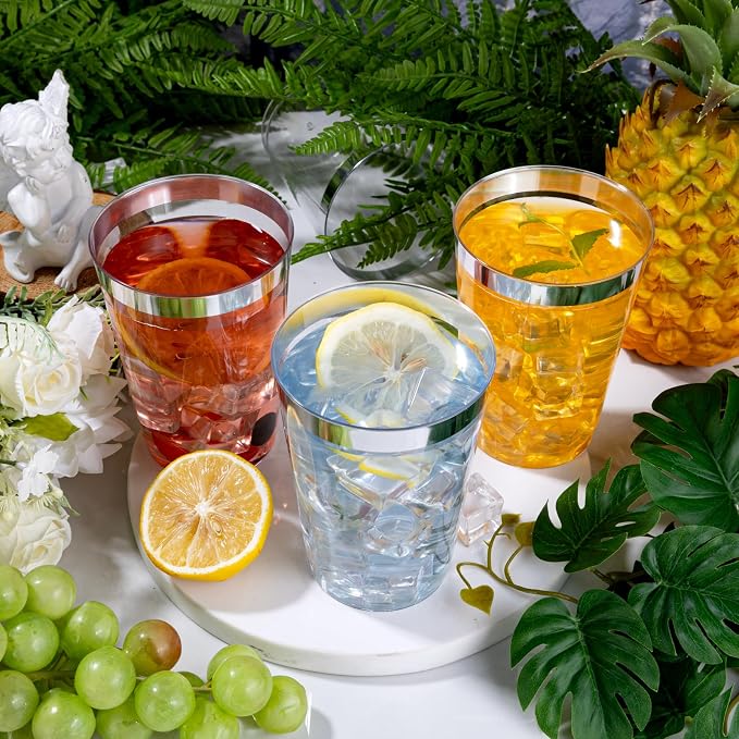 I00000 200 Pack 12 oz Silver Plastic Cups, Silver Rimmed Disposable Cups, Plastic Party Wine Glasses Cocktail Glasses Heavy Duty Cups with Silver Rim, 12 Ounce Tumblers For Party