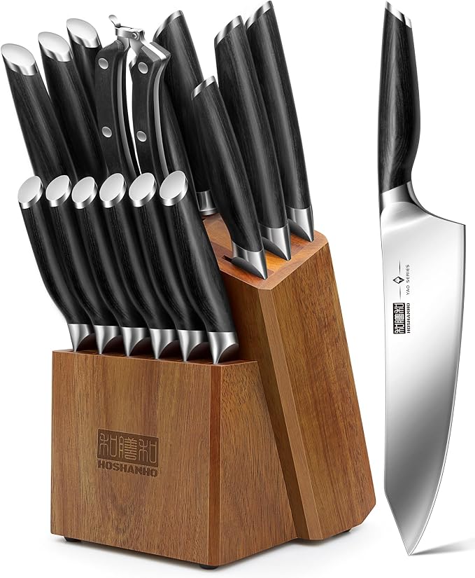 HOSHANHO 16-Piece Kitchen Knife Set with Block, Ultra Sharp Chef Knife Set | High Carbon Powder Steel Knife Block Set, Professional Knife Set with Sharpener, Ergonomic Pakkawood Handle
