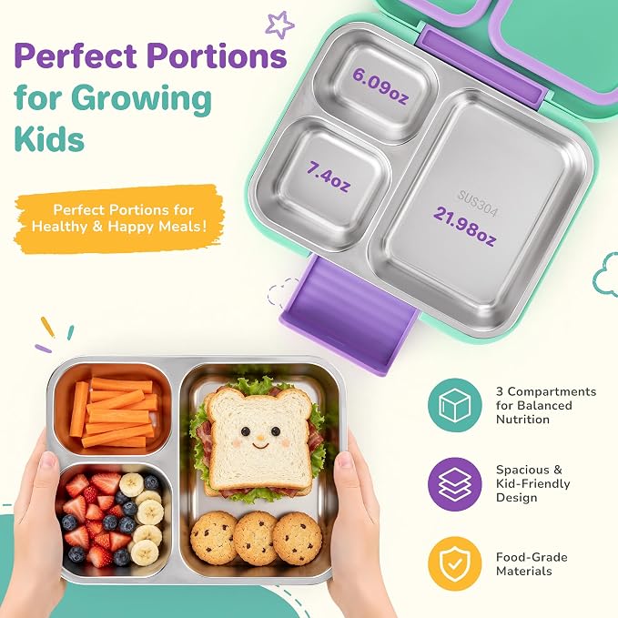 Bento Lunch Box for Kids, 3 Compartment 304 Stainless Steel Food Container with Handle & Spork, Kids Lunch Box Fits Ice Pack, BPA-Free, Green