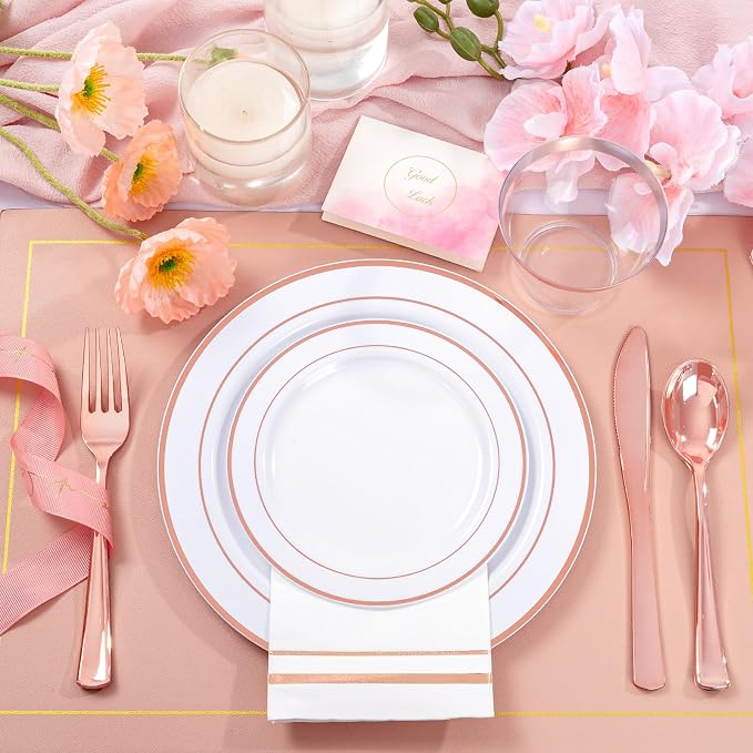 GATHER 350PCS Rose Gold Plastic Plates for Wedding Birthday Party | White and Rose Gold Disposable Dinnerware Set include 100 Plastic Plates, 150 Silverware, 50 Napkins, 50 Cups for Baby Shower