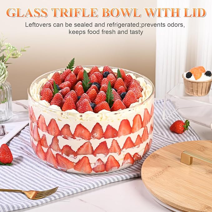 LOVYANXUE 197 oz Large Glass Salad Bowl, 10 inch Trifle Bowl with Airtight Lid, Versatile Mixing and Serving Bowl for Salad, Cake, Dessert, Baking and Party Diy, Oven, Microwave & Dishwasher Safe