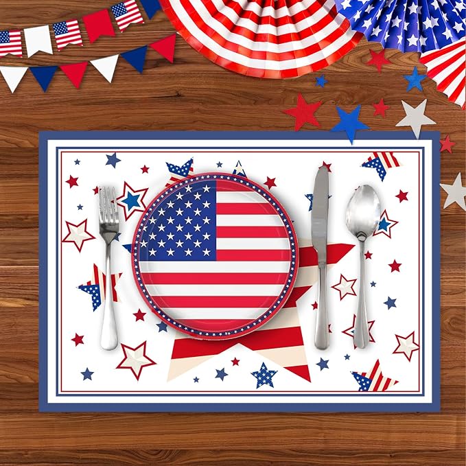 50 PCS Disposable Paper Placemats 4th of July Place mats(A) | 11x16 inch Patriotic Freedom Stars Table Mats Holiday Indoor Outdoor Party Kitchen Dining Table Decorations