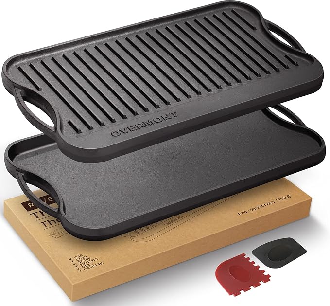 Overmont Reversible Cast Iron Grill - 17" x 9.8" Dual-Sided Griddle Pan | Pre-Seasoned Griddle Double Burner Cookware with Handles, for Gas Grill Stovetop Oven Campfire Camping BBQ, Scrapers Included