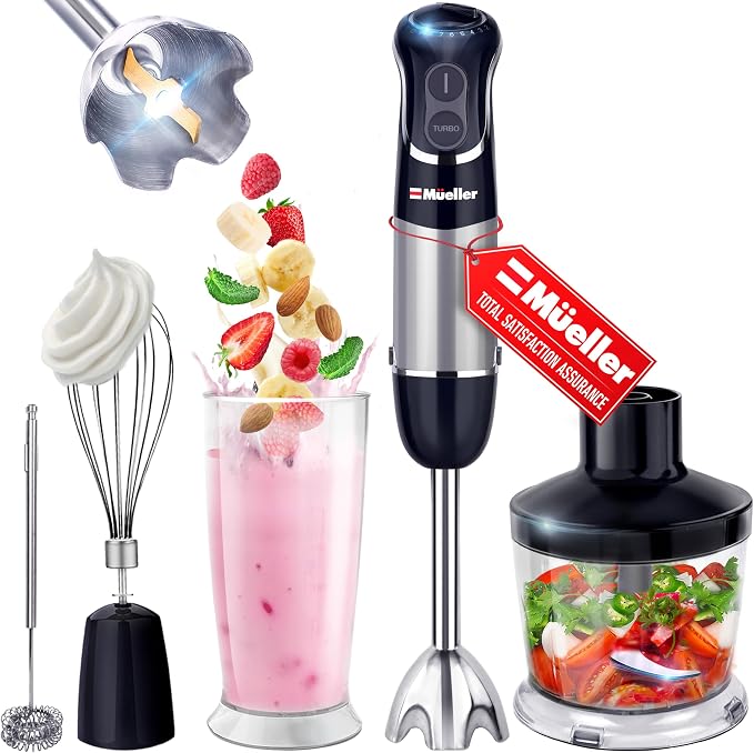 Mueller Multistick 5-in-1 Immersion Blender Handheld, 12-Speed Hand Mixer | Turbo Boost, Heaviest Duty Copper Motor, Titanium Blades Hand Blender, Milk Frother Wand, Whisk, Kitchen Gadgets Black