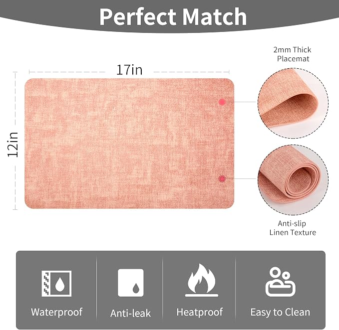 Maxpearl Faux Leather Placemats Set of 6, Easy to Clean, Peachy Pink | Waterproof - Heat Resistant - Non Slip - Wipe Clean Dining Table Place Mats, Suitable for Indoor & Outdoor Use, 17''×12''