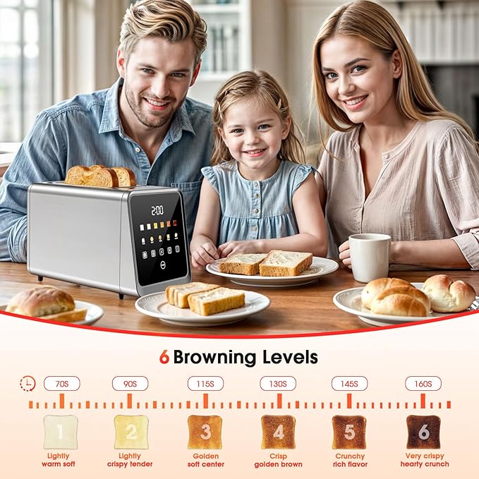 2 Slice Toaster with Touch Screen, 1.5" Wide Slot for Bagels, Smart Digital | Toasters with Single Slot Toasting, Memory Function, 5 Bread Types & 6 Shade Settings, Defrost, Reheat, Removable Crumb Tray