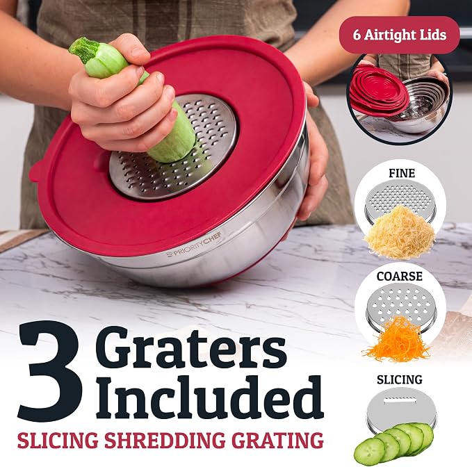 6Pc Stainless Steel Mixing Bowls with Lids Set, Huge 7 Qrt Size Metal Bowl Set for Kitchen, 3 Graters, Non-Slip Bases & Silicone Utensils Set, Red