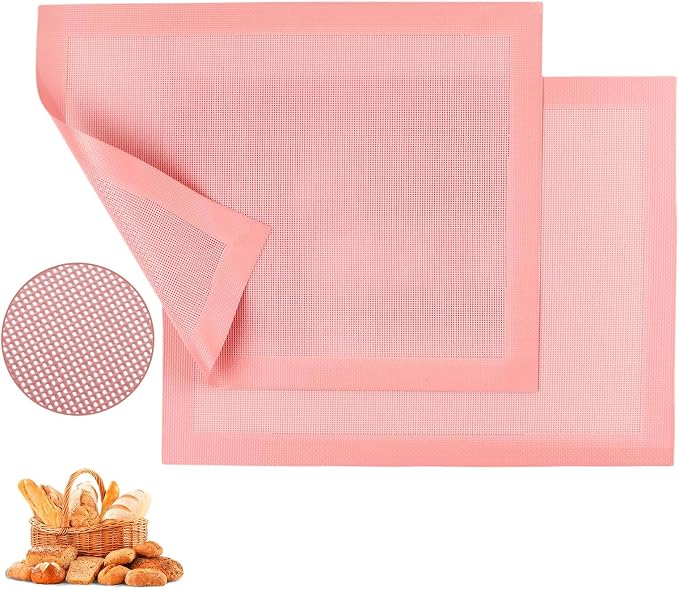 2PCS 15.7"x11.8" Perforated Baking Mats, Silicone Half Sheet Pan Pink | Hollow Out Reusable Oven Liners Heat Resistant Non-Stick Mat for Making Cookie/Bread/Pizza/Macaron/Pastry/Eclair