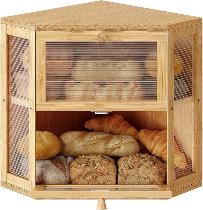 WOWLIVE Double Layer Corner Bread Box for Kitchen Countertop with 2 Doors | Bamboo Bread Storage Container, Large Farmhouse Breadbox with Acrylic Wavy Door, Under Cabinet Organizer, Natural, Medium