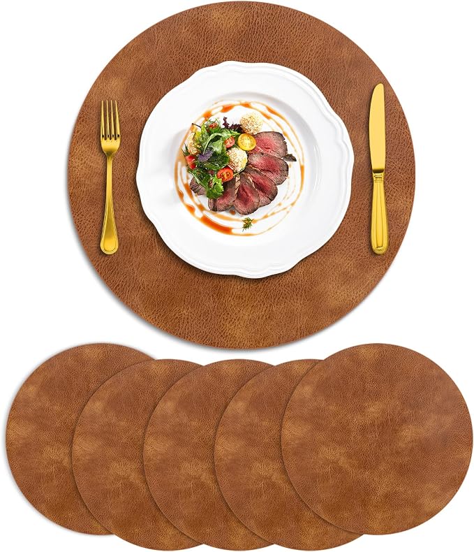 ADRIMER Placemats, Heat Resistant Round Placemats Set of 6 Washable, Waterproof Table Mats, Wipeable Faux Leather Place Mats for Kitchen, Dining Room, Turmeric Brown