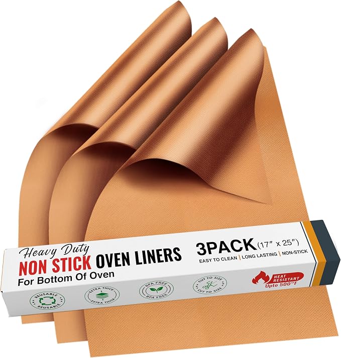Oven Liners for Bottom of Oven - 17"x 25" Large Heavy Duty Non-Stick 3 Pack | Resistant to 500°F, BPA & PFOA Free, Reusable, Fits Electric, Gas, Toaster, Microwave Ovens & Grills, Spill Guard, Copper