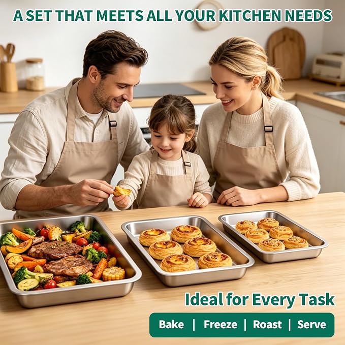 Stainless Steel Cookie Sheets for Baking Set of 3, Stainless Steel Baking Sheet, 9.3/12.5/16 Inch Sheet Pans, Non Stick, BPA Free, Dishwasher Safe, Durable and Easy Clean (Set of 3-9,12,16”)