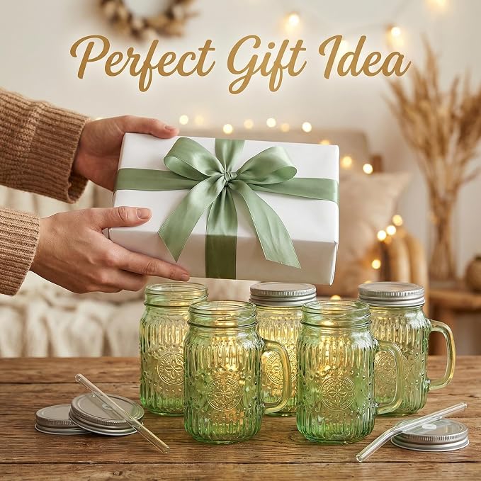DaYammi 6 Pack Mason Jars Cups with Lids and Straws, Green, 16 ounces | Vintage Drinking Glasses, Leak Proof Iced Coffee Cups for Daily Use & Party