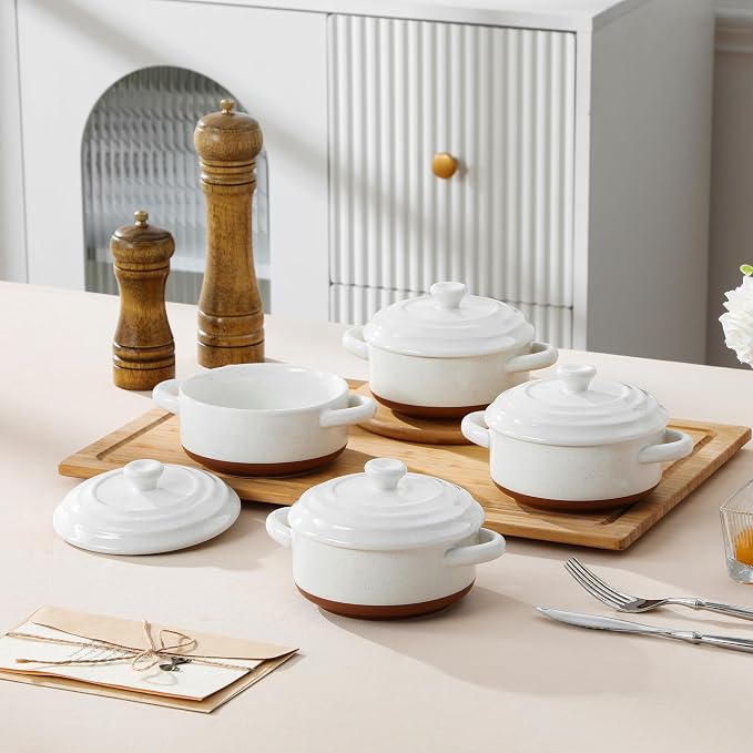 MALACASA 12 OZ Mini Dutch Oven Set, Small Cocotte Set of 4, Ceramic | Ramekins with Handles, Single Serving, Small Casserole Dishes for Oven, Soufflé, French Onion Soup, Oven Safe, Khaki White