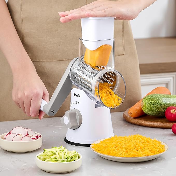 Geedel Rotary Cheese Grater Hand Crank, Cheese Shredder Vegetable Slicer | 3 Blades, 430 Stainless Steel, 12x Fast Cutting, Strong Suction Base, No BPA, Dishwasher Safe, for Cheese, Veggie, Nut