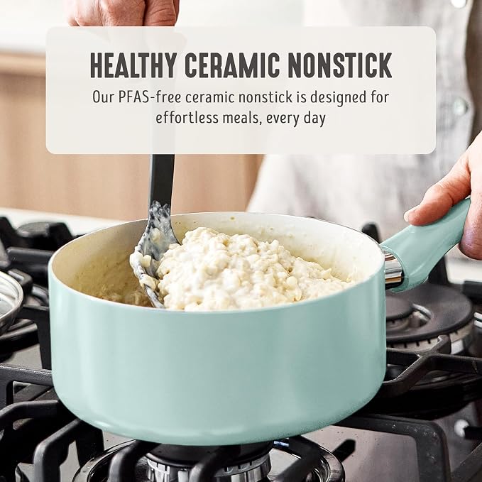 GreenLife 2QT Ceramic Nonstick Saucepan with Lid, Mint Green | PFAS-Free Ceramic Nonstick Coating, Soup Pot, Induction Ready, All Stovetop Compatible, Stay-Cool Handles, Dishwasher Safe