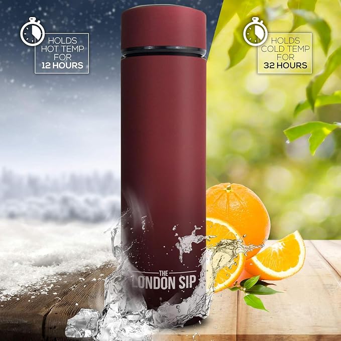 The London Sip Multi-Purpose Travel Mug and Tumbler Fruit Infused Flask Hot and Cold Double Wall Stainless Steel Thermos with Extra-Long Infuser, Sacred Red