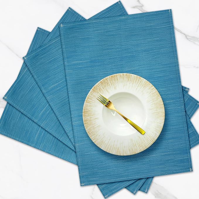 Blue Placemats Set of 4, 12x18 Inch Faux Linen Table Mats | Heat Resistant and Washable Design, Easy to Clean Surface for Dining Rooms, Kitchens, Outdoor Parties and Everyday Home Decor