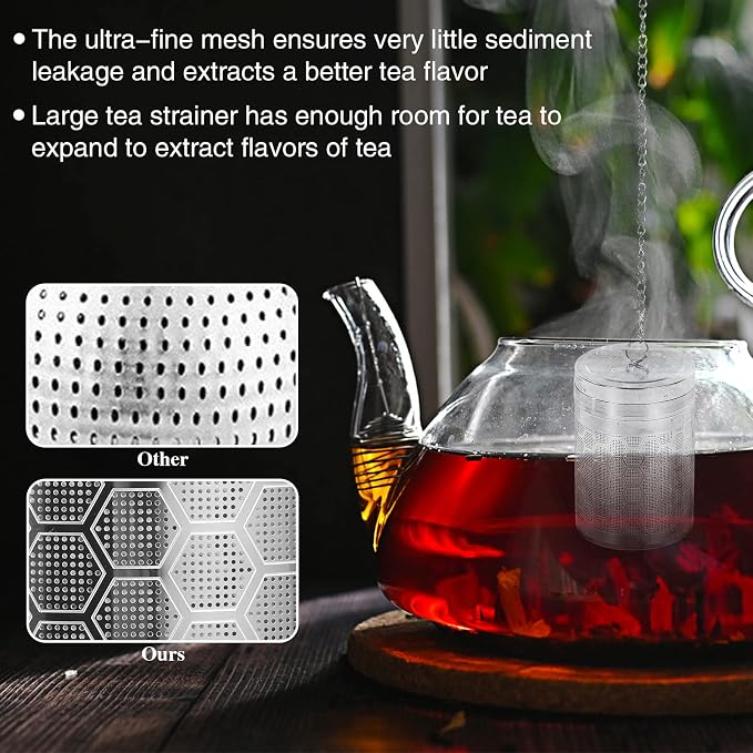2 Pack Large Tea Infusers For Loose Tea, Stainless Steel Fine Mesh | 304 Stainless Steel, Fine Mesh Filter, Threaded Lid, Chain Hook, Drip Trays, Fits Cups And Teapots, For Tea And Spices