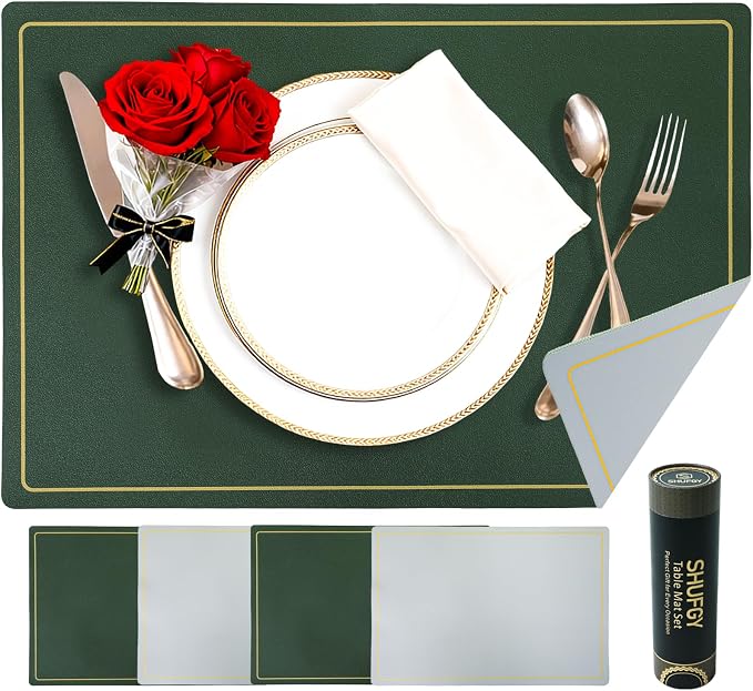 Faux Leather Placemats Set of 4, 11.8"x17.7", Green & Gray | Reversible Table Mats, Waterproof, Stain & Heat Resistant, Easy Clean for Dining, Gatherings, Outdoor