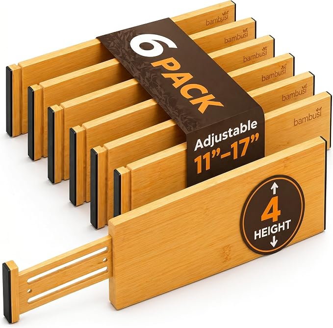6-Pack Deep Drawer Dividers 4-Inch High Dresser Drawer Organizer, Bamboo | Adjustable 11.5-17 Inch Spring-Loaded Separators for Clothes, Utensils, Socks, Bedroom, Bathroom, Kitchen, Office, No Tools