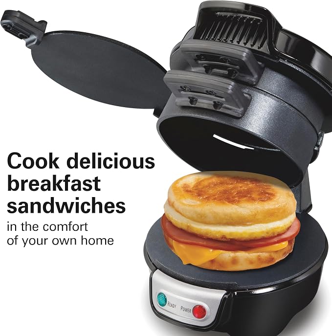 Hamilton Beach Breakfast Sandwich Maker with Egg Cooker Ring,Customize Ingredients,Perfect for English Muffins,Croissants,Mini Waffles,Perfect White Elephant Gifts,Black (25477),(Pack of 4)