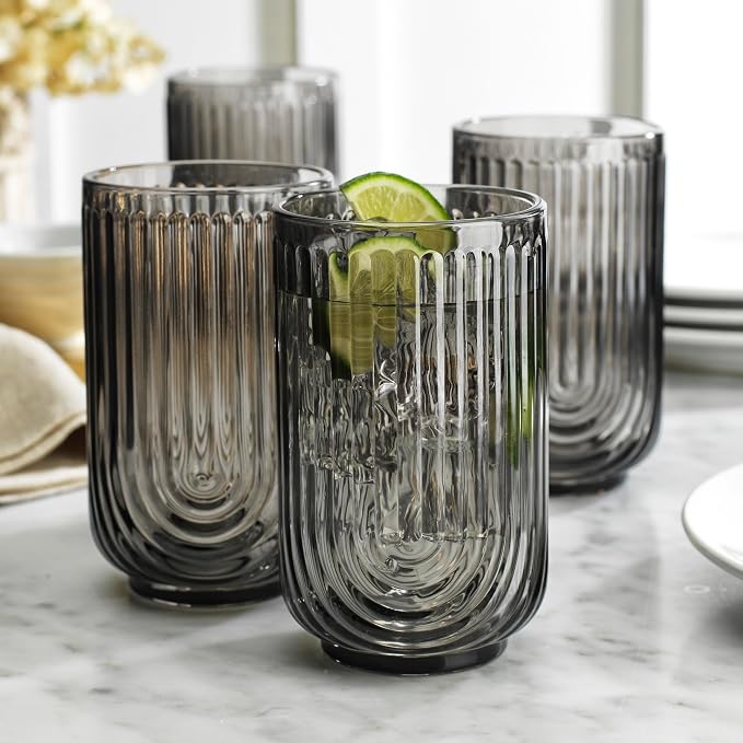 Glaver's Vintage Glassware - Art Deco Ribbed Drinking Glasses, U-Shape Arch Design Colored Cocktail Decorative Party Everyday Kitchen Tumblers, Hand Wash Only (Smoke S/4 17oz)