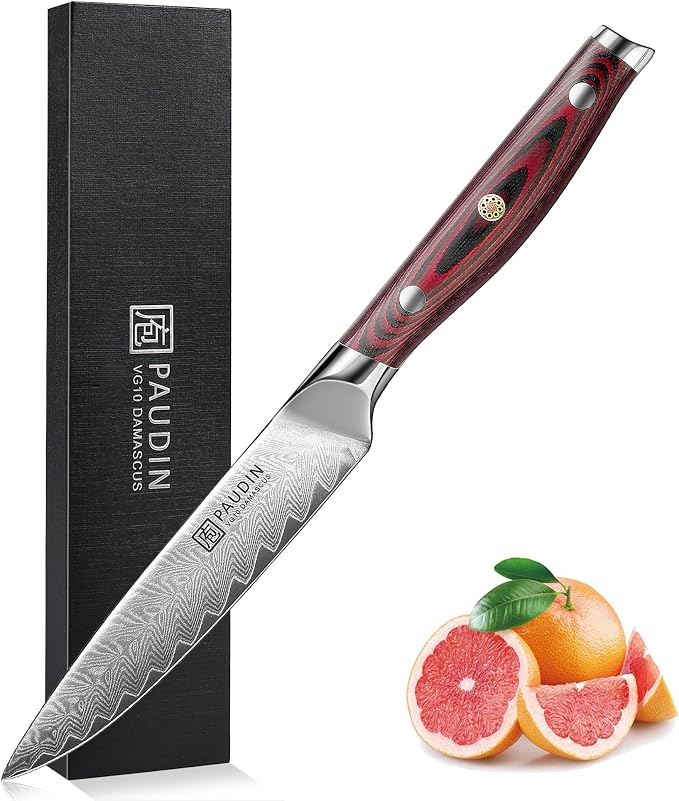 PAUDIN Utility Knife, 5 Inch Damascus Chef Knife | Damascus VG10 Steel with Ergonomic Wood Handle, Ultra Sharp Blade for Meat, Fruit & Vegetables, Gift Box