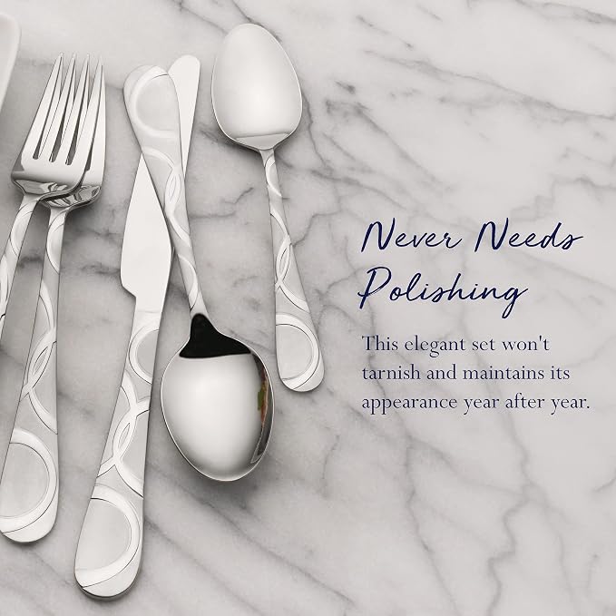Pfaltzgraff Frost 53-Piece Flatware Set, 18/0 Stainless Steel Silverware Set for 8 with Steak Knives, Serving Pieces, Dishwasher Safe