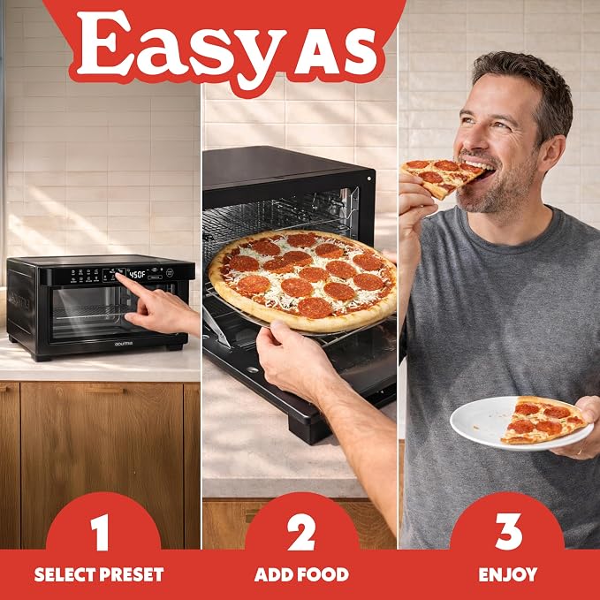 Gourmia Toaster Oven Air Fryer - 4 Slice Capacity, Single Door, Digital Display, Air Fry, Toast & Dehydrate, Convection Cooking, Fits 8” Pizza, 3 Rack Positions, Dishwasher-Safe Trays, Black