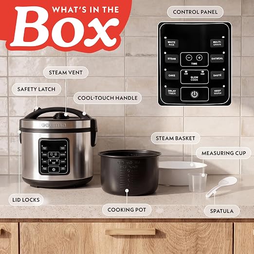 Gourmia Rice Cooker – 5 Qt Capacity, 20 Cup Cooked, 10 Cup Uncooked, Digital Controls, 6 Cooking Presets, Grain Cooker & Steamer, Nonstick Pot, Steam Tray, Delay Timer, Keep Warm, Stainless Steel
