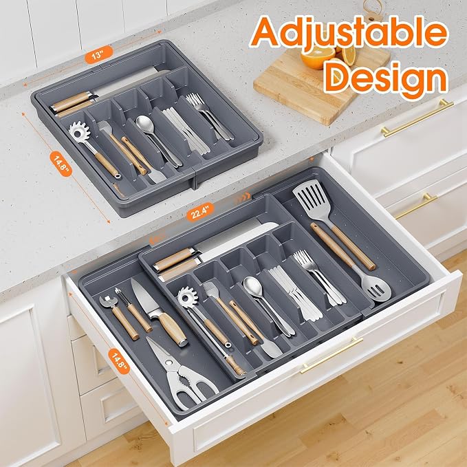 SpaceHacks Silverware Organizer，Adjustable & Expandable Drawer Organizer | Utensil Drawer Organizer, BPA Free Utensil Holder, Cutlery Tray for Forks, Spoons, Knives in Kitchen, Large, Grey