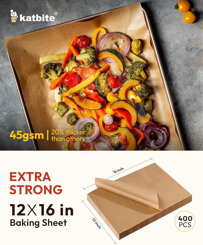 Katbite 400 Pcs Parchment Paper Baking Sheets, 12x16 Inch, Heavy Duty | Unbleached precut Non-Stick half sheet paper, ideal for cookie pans, bread, cakes, grilling meat, pizza and oven use