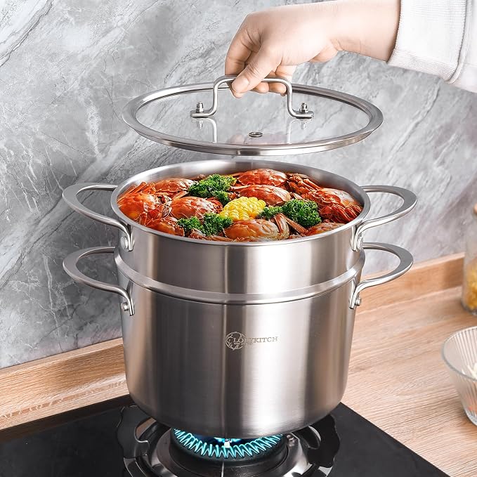 LOLYKITCH 3-Quart Tri-Ply Stainless Steel Steamer Pot with Glass Lid | Steaming Pot for Cooking | 2 Tier Induction Steamer Pot for Tamales Seafood Vegetables Dumplings | Stock Pot | Thick