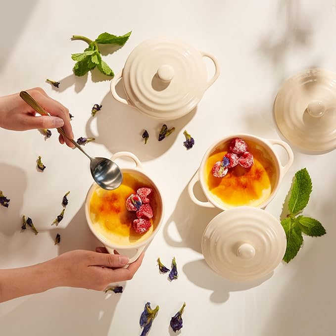 Kook Ceramic Mini Cocotte Set, Small Casserole Dishes with Lids and Handles, Individual Baking Ramekins, Oven, Microwave & Dishwasher Safe, Stoneware, 12 oz, Set of 4, Ivory