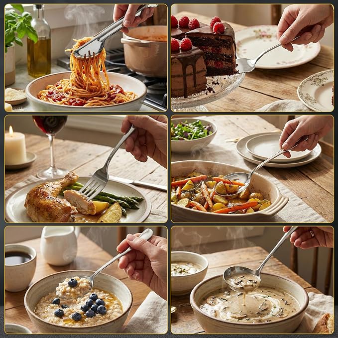 30 Pcs Silver Serving Utensils Set Include Stainless Steel Large Serving Spoons Slotted Spoons Forks Soup Ladle Pie Server - Metal Utensils for Parties Buffet Catering, Dishwasher Safe