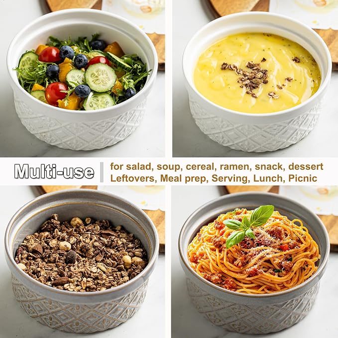 40 Oz Ramekins Ceramic Airtight Bowls Set of 4 - Large Mixing Bowls with Lids Set for Salad, Pho, Soup, Pasta, Dessert, Serving, Oatmeal, Baking Dishes, Dishwasher & Microwave Safe, Beige
